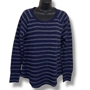 Large Sonoma Navy Blue Silver Striped Waffle Knit Top Long Sleeve Stretch Casual